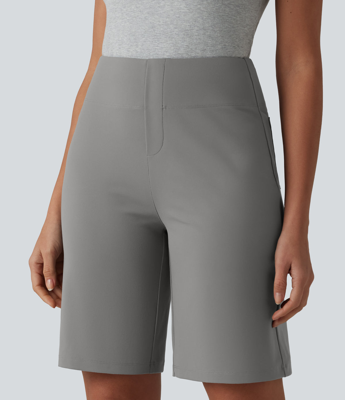 High Waisted Work Bermuda Shorts with Pockets — Silent Storm — view 4