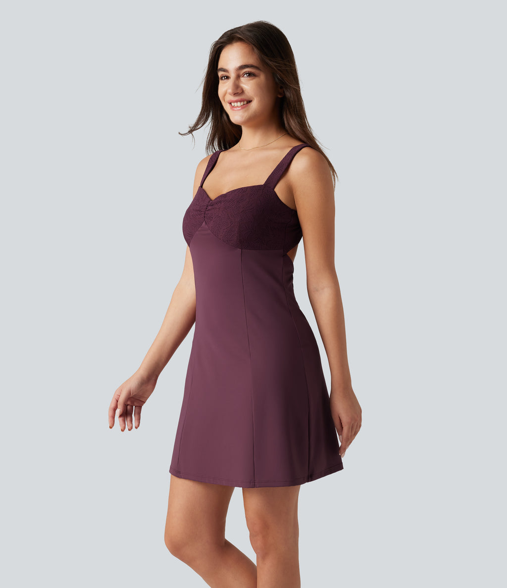 Airy Contrast Lace Tie Back InstantCool Mini Casual Dress — Fig — view 3