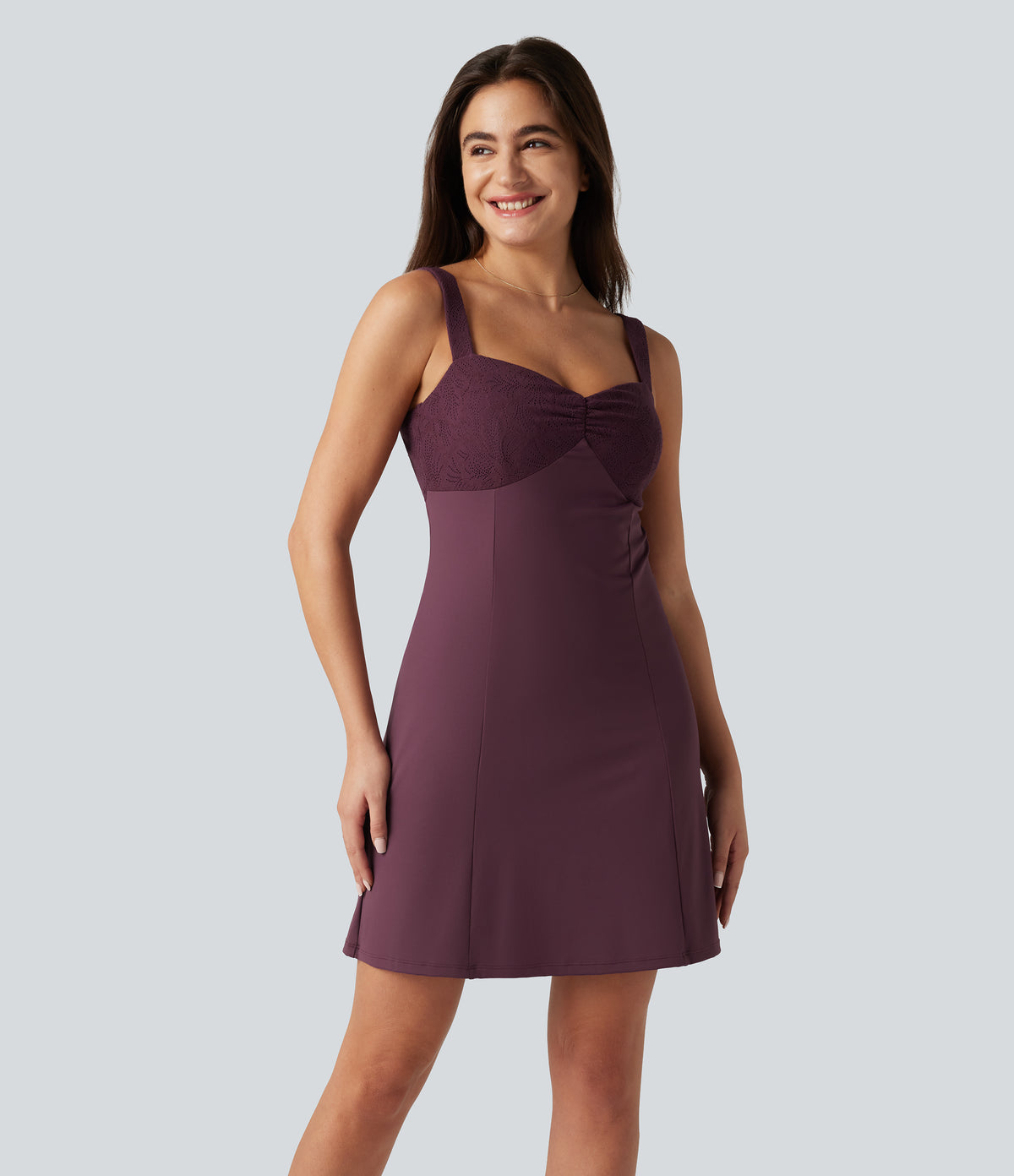 Airy Contrast Lace Tie Back InstantCool Mini Casual Dress — Fig — view 2
