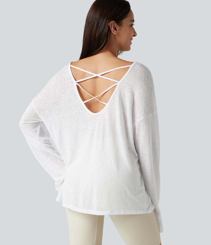 Boat Neck Long Sleeve Sheer Casual Top — White — view 1