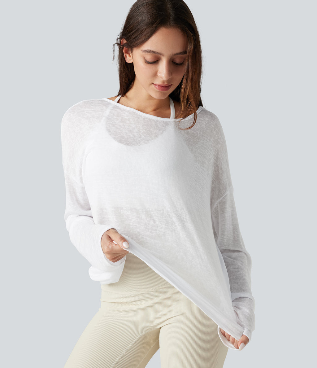Boat Neck Long Sleeve Sheer Casual Top — White — view 5
