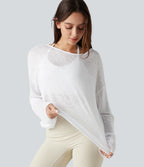 Boat Neck Long Sleeve Sheer Casual Top — White — view 5
