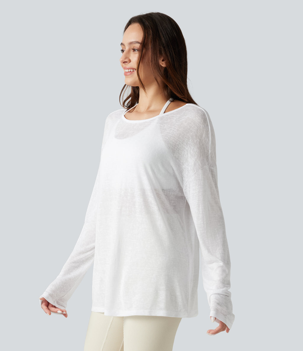 Boat Neck Long Sleeve Sheer Casual Top — White — view 3