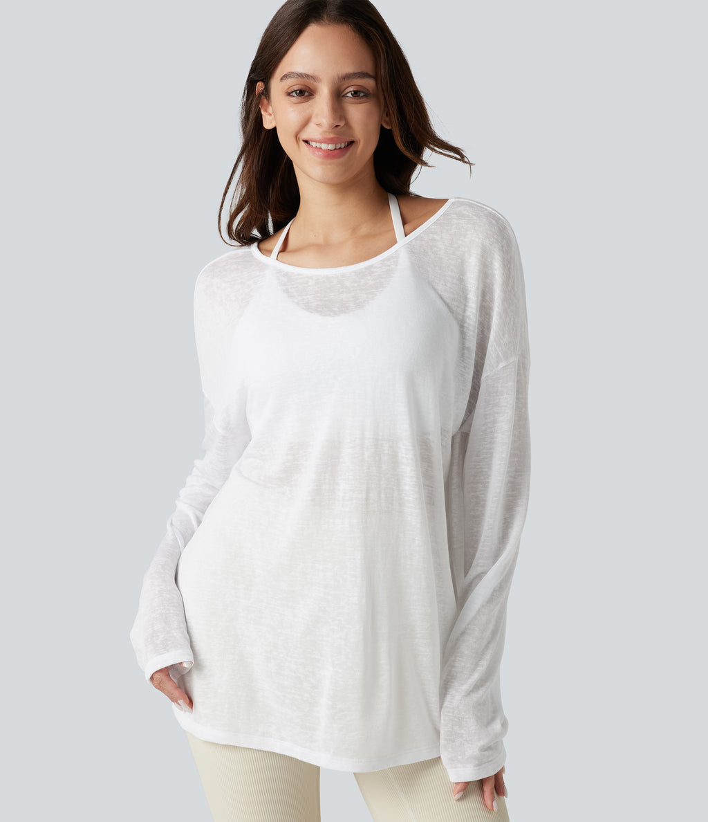 Boat Neck Long Sleeve Sheer Casual Top — White — view 6