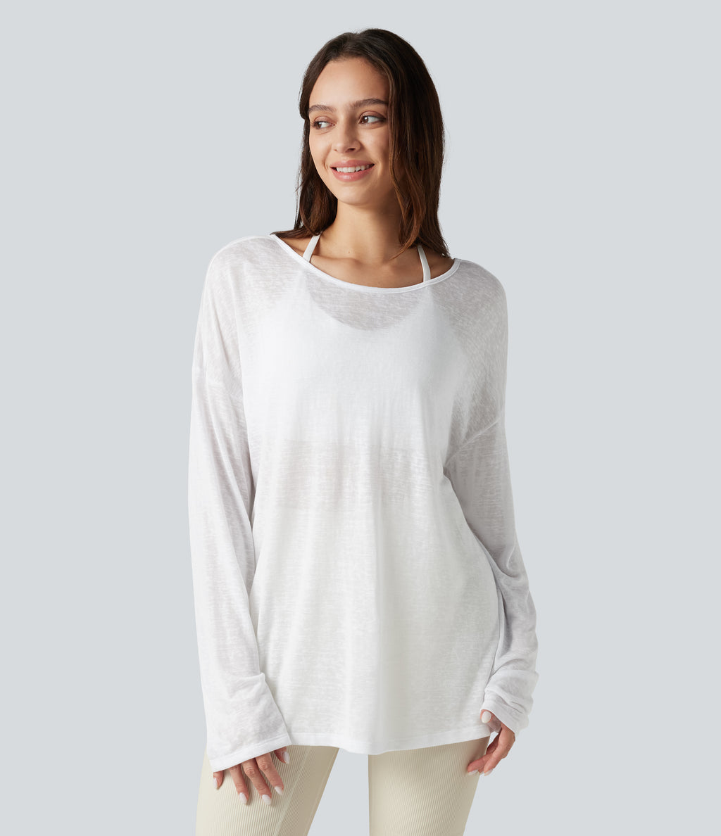 Boat Neck Long Sleeve Sheer Casual Top — White — view 2