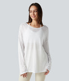 Boat Neck Long Sleeve Sheer Casual Top — White — view 2