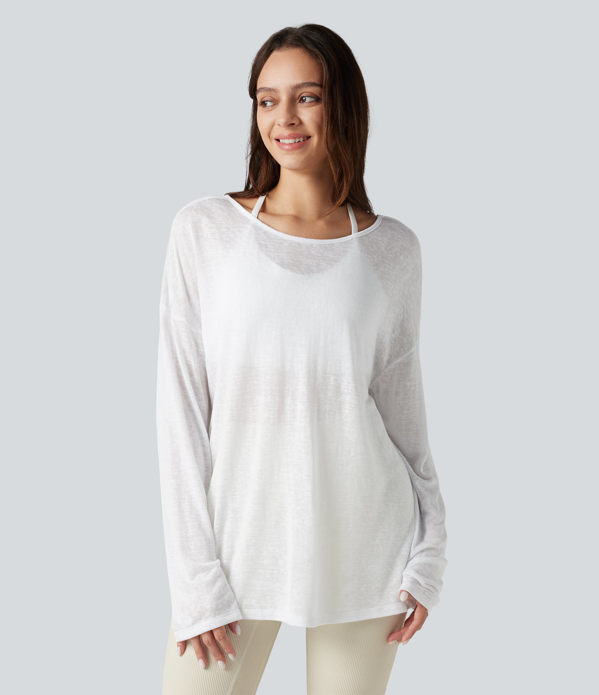 Boat Neck Long Sleeve Sheer Casual Top — White — view 2
