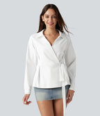 Long Sleeve Tie-side Contrast Lace Wrinkle-resistant Quick Dry Work Shirt — White — view 4