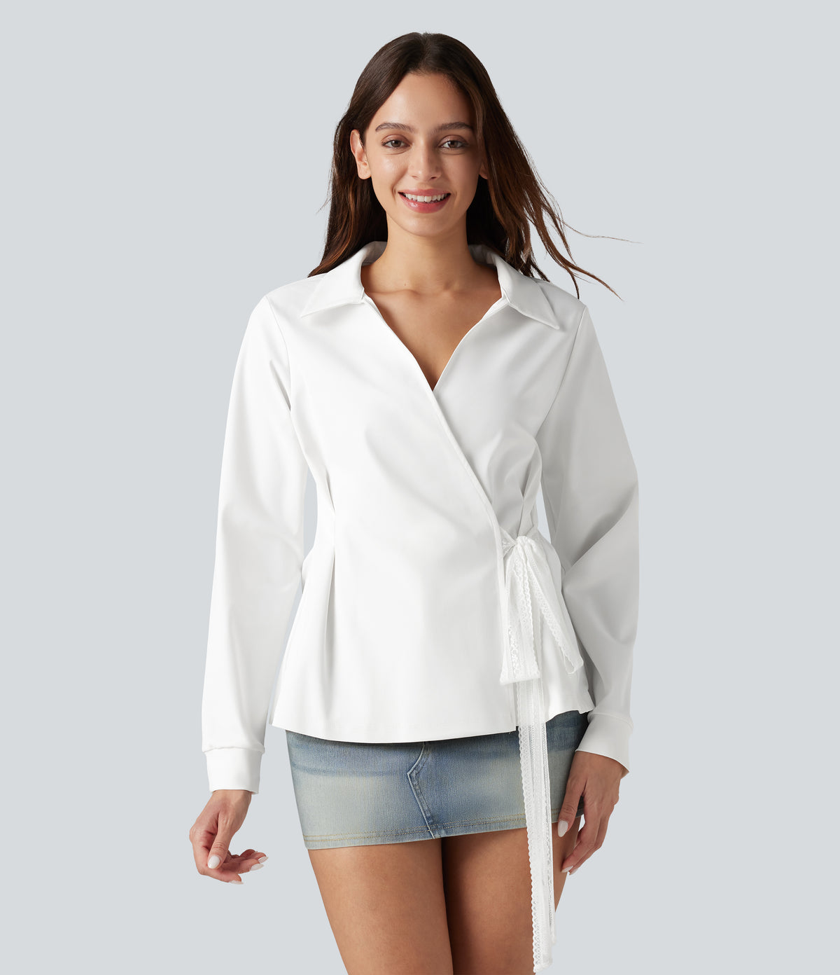 Long Sleeve Tie-side Contrast Lace Wrinkle-resistant Quick Dry Work Shirt — White — view 4