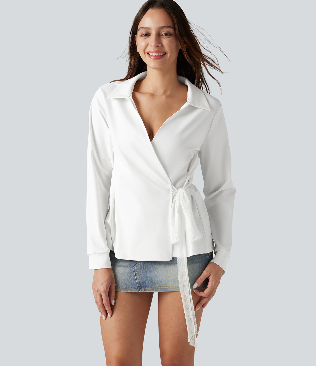 Long Sleeve Tie-side Contrast Lace Wrinkle-resistant Quick Dry Work Shirt — White — view 1