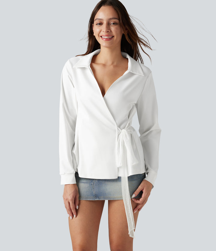Long Sleeve Tie-side Contrast Lace Wrinkle-resistant Quick Dry Work Shirt — White — view 1