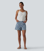 Mid Rise Plaid Denim Casual Shorts 4'' with Pockets — Plaid - Light Blue — view 6