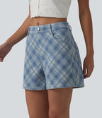 Mid Rise Plaid Denim Casual Shorts 4'' with Pockets — Plaid - Light Blue — view 3