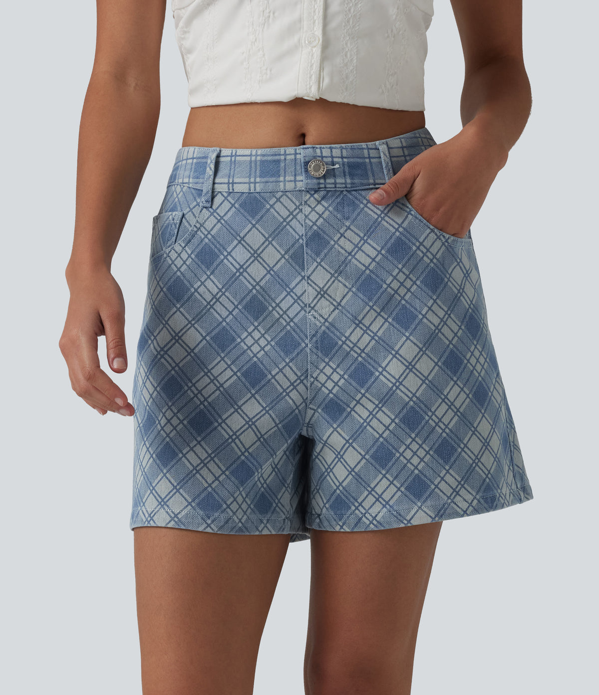 Mid Rise Plaid Denim Casual Shorts 4'' with Pockets — Plaid - Light Blue — view 1