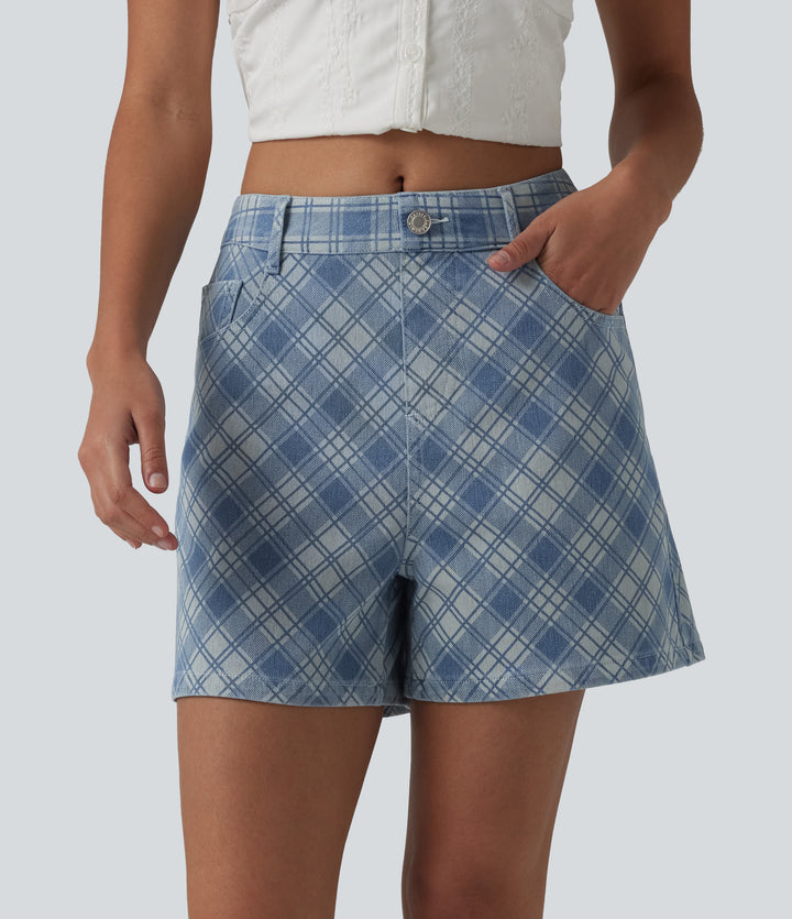 Mid Rise Plaid Denim Casual Shorts 4'' with Pockets — Plaid - Light Blue — view 1