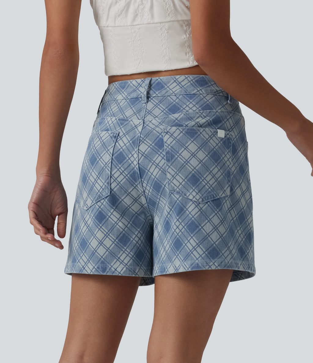 Mid Rise Plaid Denim Casual Shorts 4'' with Pockets — Plaid - Light Blue — view 2