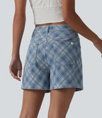 Mid Rise Plaid Denim Casual Shorts 4'' with Pockets — Plaid - Light Blue — view 2