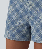 Mid Rise Plaid Denim Casual Shorts 4'' with Pockets — Plaid - Light Blue — view 5