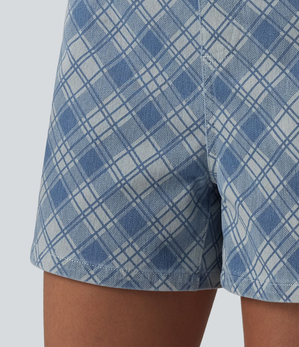 Mid Rise Plaid Denim Casual Shorts 4'' with Pockets — Plaid - Light Blue — view 5