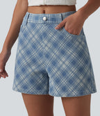 Mid Rise Plaid Denim Casual Shorts 4'' with Pockets — Plaid - Light Blue — view 4