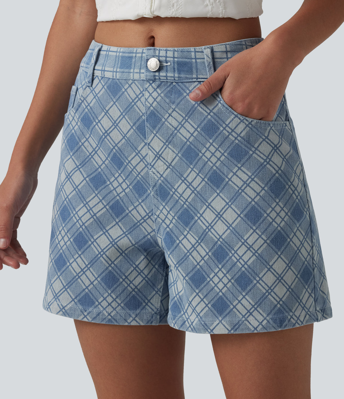 Mid Rise Plaid Denim Casual Shorts 4'' with Pockets — Plaid - Light Blue — view 4