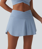 Crossover High Waisted 2-in-1 A-line Mini Eyelet Tennis Skirt with Pockets — Sky Blue — view 3