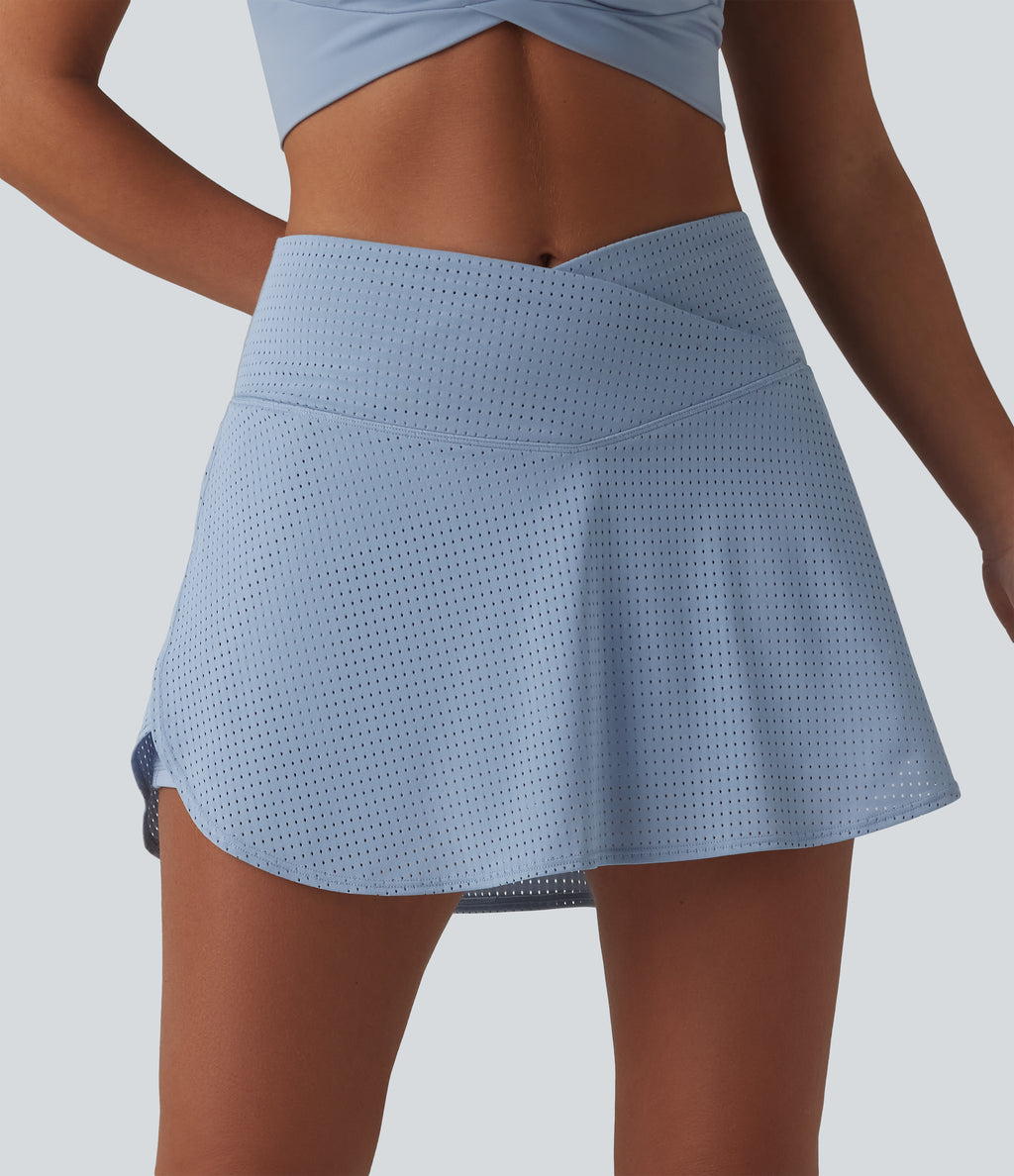 Crossover High Waisted 2-in-1 A-line Mini Eyelet Tennis Skirt with Pockets — Sky Blue — view 7