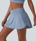 Crossover High Waisted 2-in-1 A-line Mini Eyelet Tennis Skirt with Pockets — Sky Blue — view 6