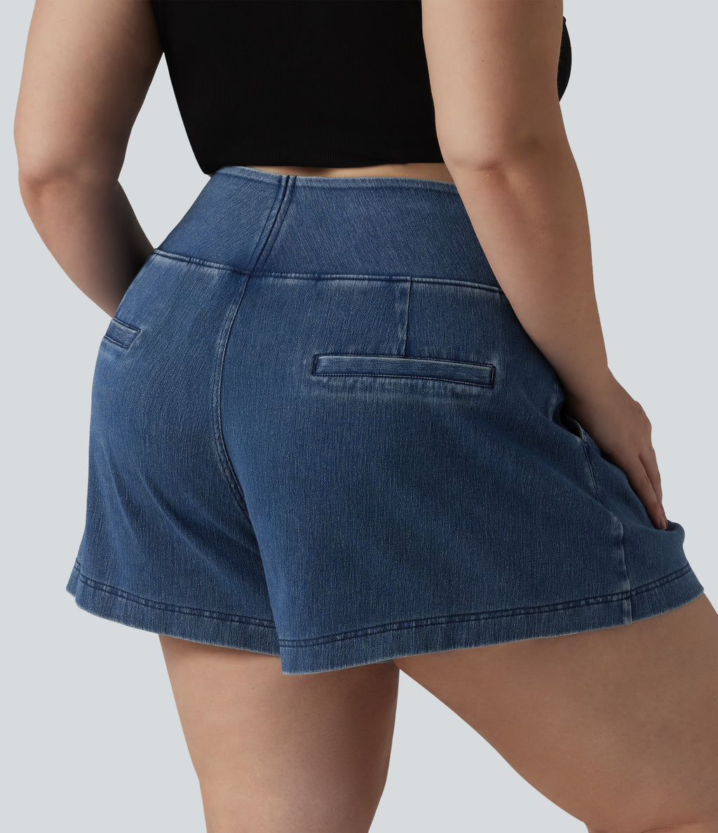 High Waisted Denim Casual Baggy Plus Size Shorts 4'' with Pockets — Estate Blue Denim — view 2
