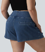 High Waisted Denim Casual Baggy Plus Size Shorts 4'' with Pockets — Estate Blue Denim — view 2