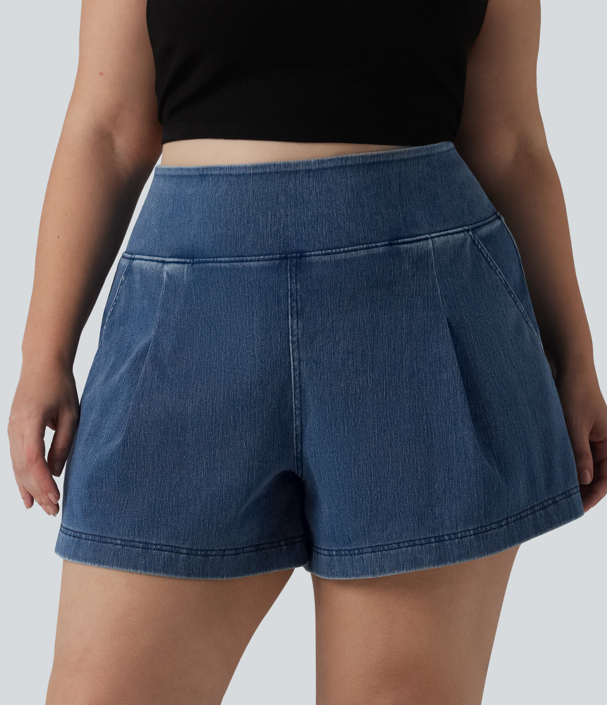 High Waisted Denim Casual Baggy Plus Size Shorts 4'' with Pockets — Estate Blue Denim — view 4