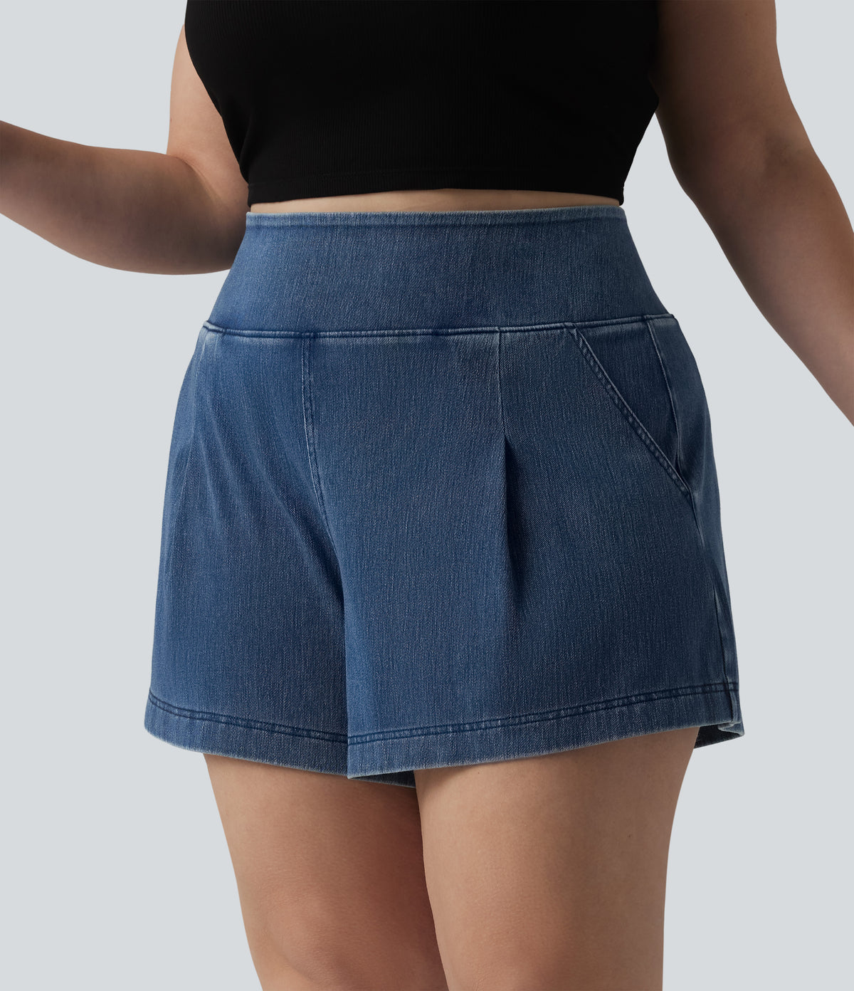 High Waisted Denim Casual Baggy Plus Size Shorts 4'' with Pockets — Estate Blue Denim — view 3