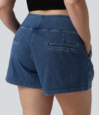 High Waisted Denim Casual Baggy Plus Size Shorts 4'' with Pockets — Estate Blue Denim — view 5