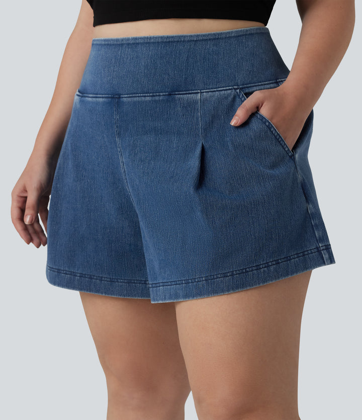 High Waisted Denim Casual Baggy Plus Size Shorts 4'' with Pockets — Estate Blue Denim — view 1