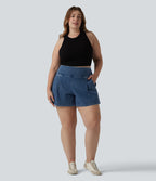High Waisted Denim Casual Baggy Plus Size Shorts 4'' with Pockets — Estate Blue Denim — view 6