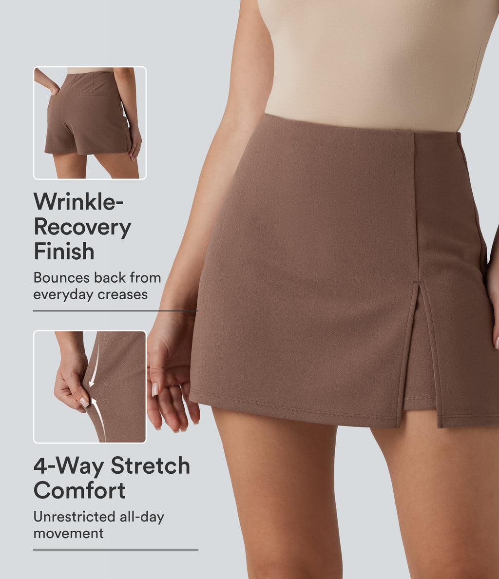 Wrinkle Recovery High Waisted Split A-line Work Skort with Pockets — Acorn — view 1