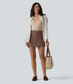 Wrinkle Recovery High Waisted Split A-line Work Skort with Pockets — Acorn — view 8