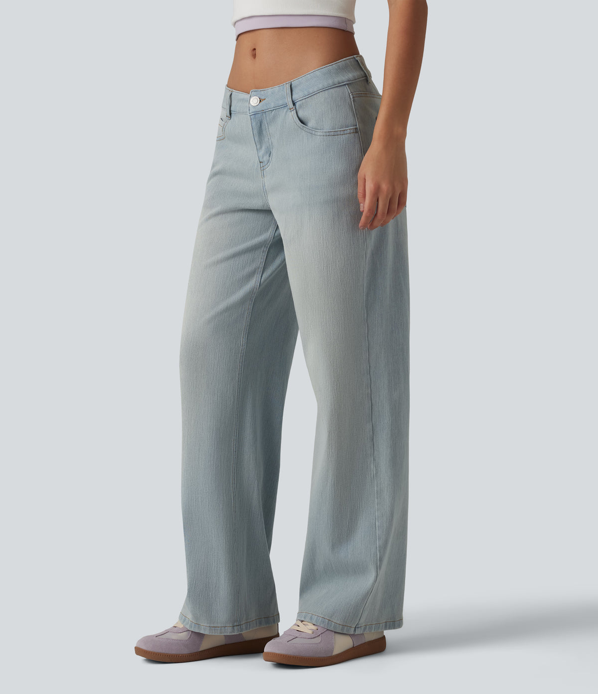 Low Rise Straight Leg Washed Casual Jeans with Pockets — Indigo – Extra Light Blue Soft Retro — view 3