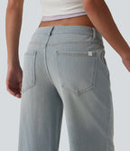 Low Rise Straight Leg Washed Casual Jeans with Pockets — Indigo – Extra Light Blue Soft Retro — view 4