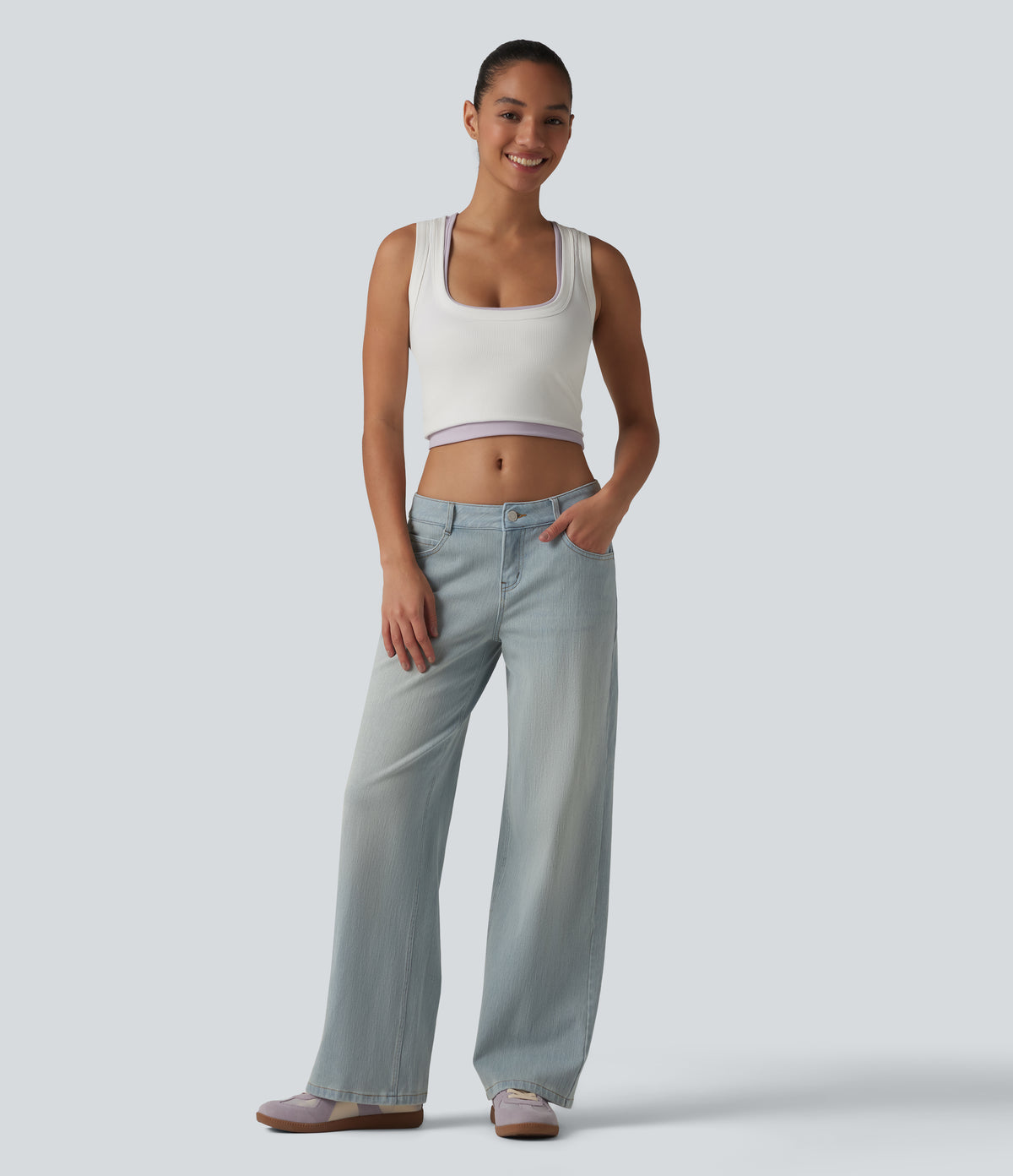 Low Rise Straight Leg Washed Casual Jeans with Pockets — Indigo – Extra Light Blue Soft Retro — view 6