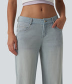 Low Rise Straight Leg Washed Casual Jeans with Pockets — Indigo – Extra Light Blue Soft Retro — view 5