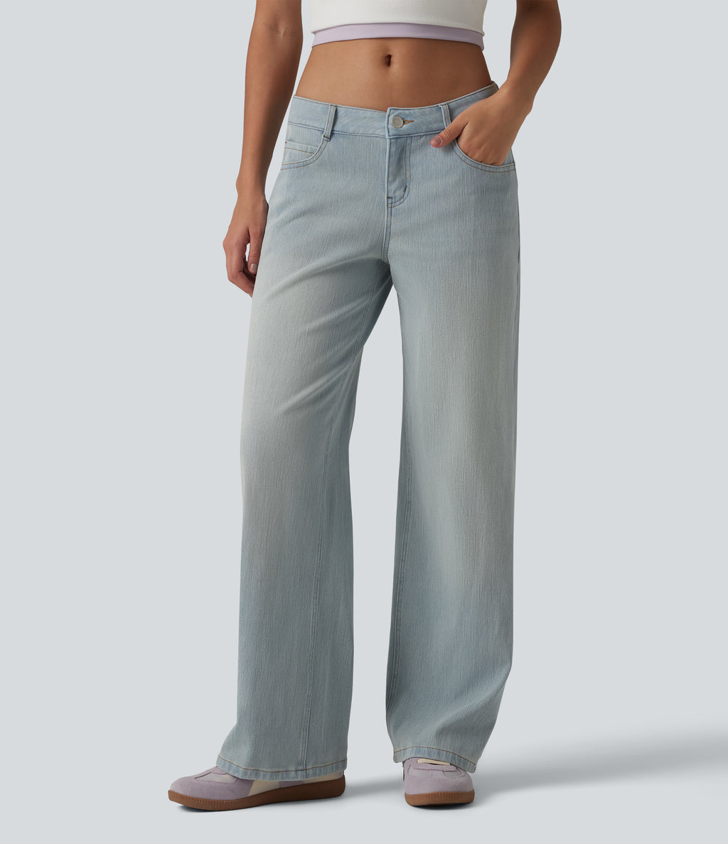 Low Rise Straight Leg Washed Casual Jeans with Pockets — Indigo – Extra Light Blue Soft Retro — view 1