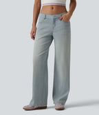 Low Rise Straight Leg Washed Casual Jeans with Pockets — Indigo – Extra Light Blue Soft Retro — view 1