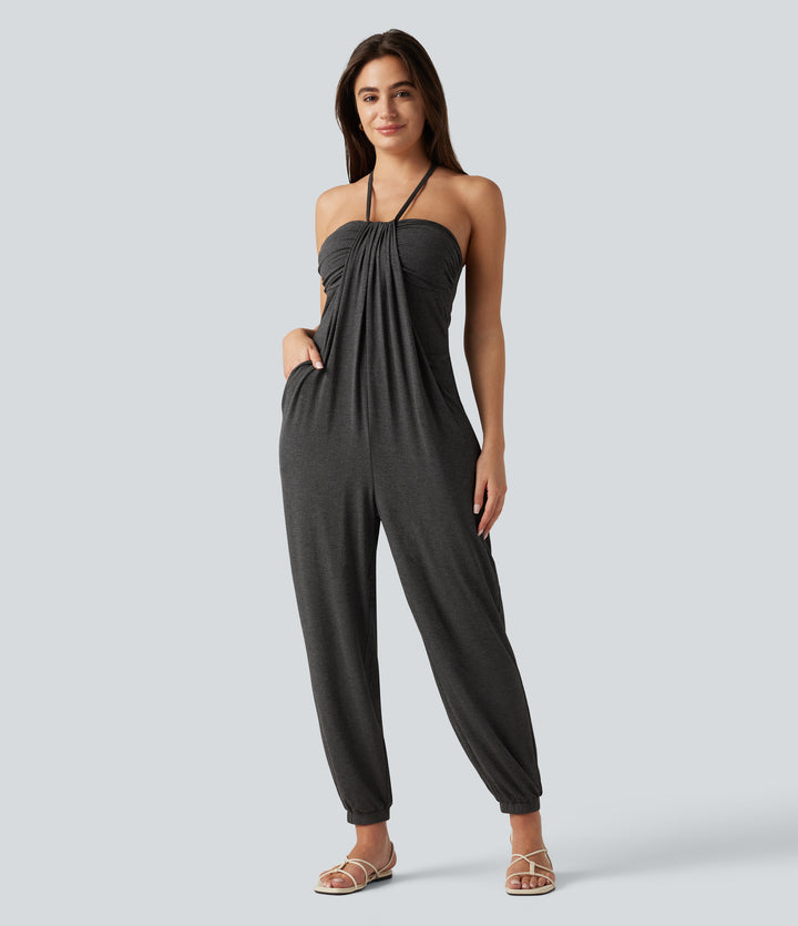 Halter Tie-back Built-in Bra Resort Tapered Jumpsuit with Pockets — Darl Gray Floral Yarn — view 1