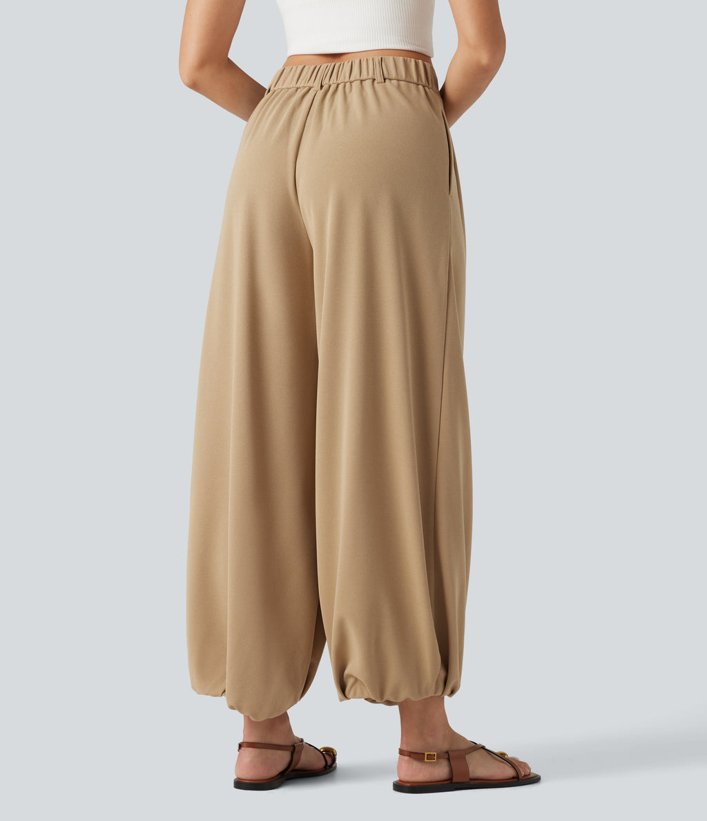 High Waisted Waffle Casual Balloon Joggers with Pockets — Brush — view 2