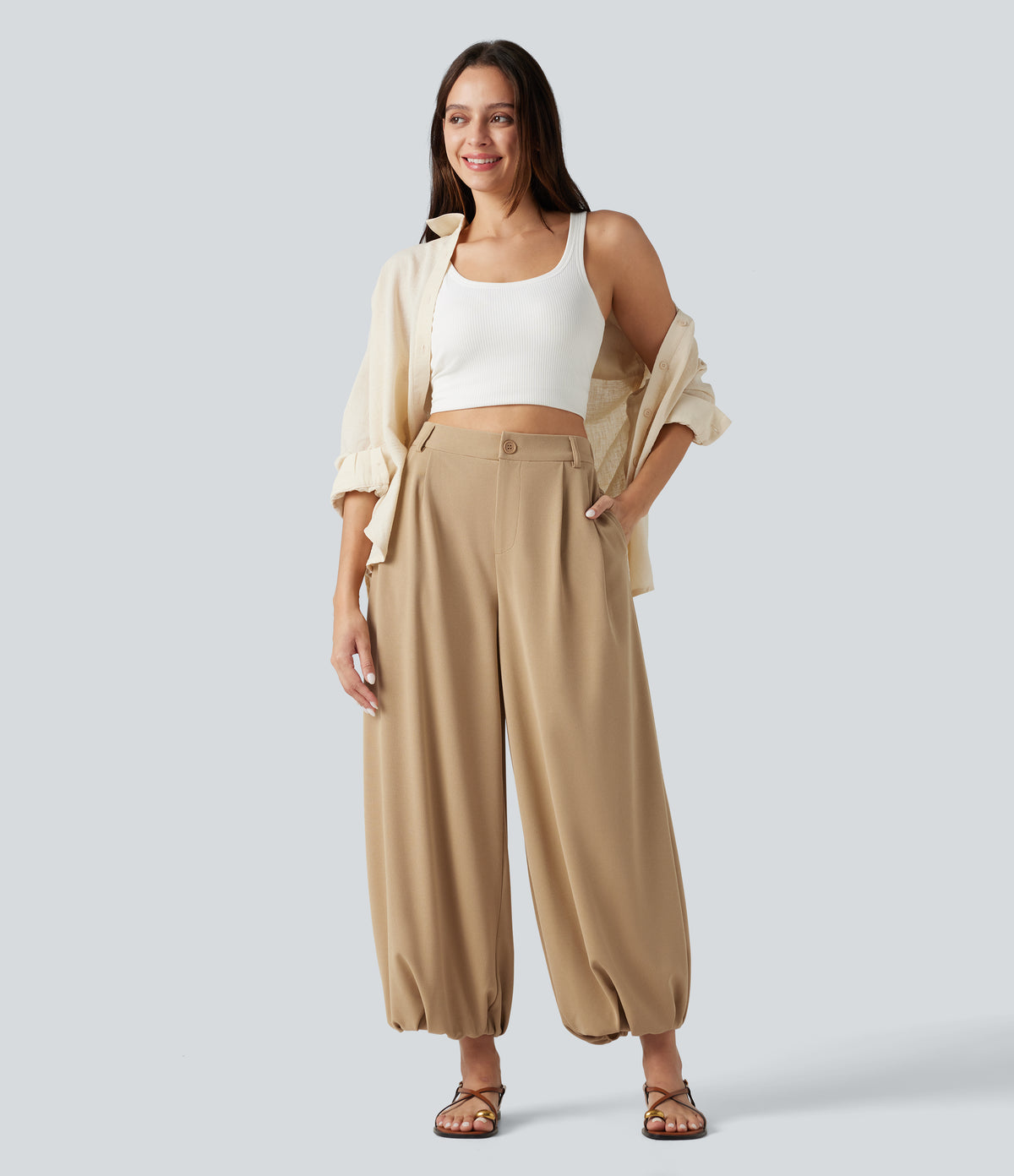 High Waisted Waffle Casual Balloon Joggers with Pockets — Brush — view 7