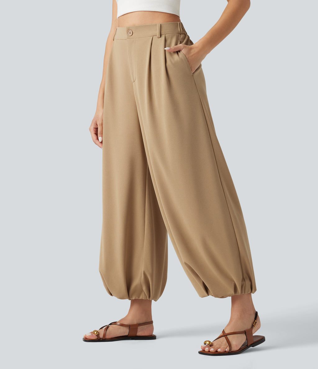 High Waisted Waffle Casual Balloon Joggers with Pockets — Brush — view 1