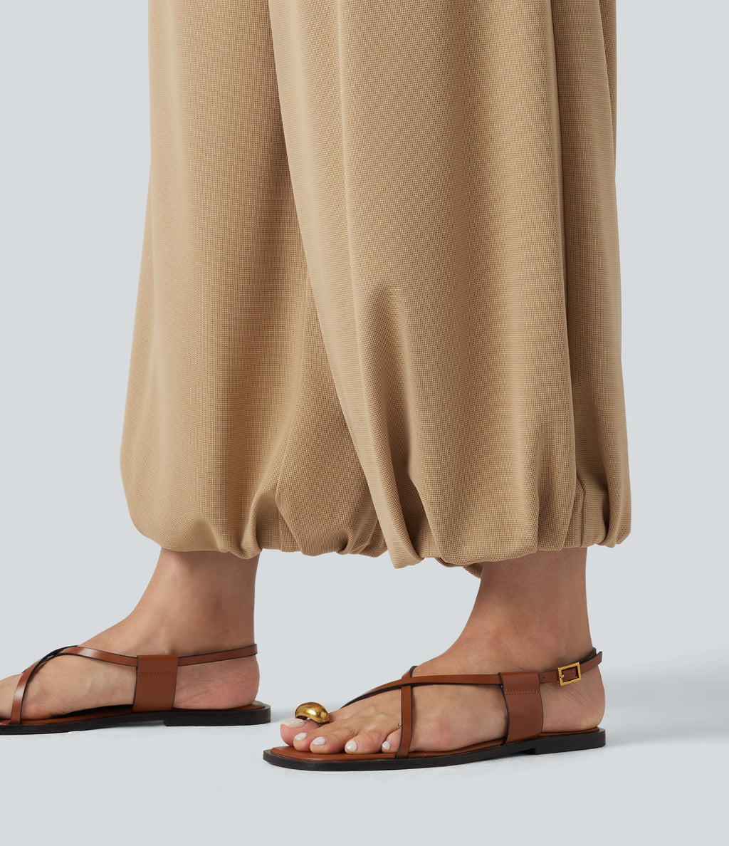 High Waisted Waffle Casual Balloon Joggers with Pockets — Brush — view 5