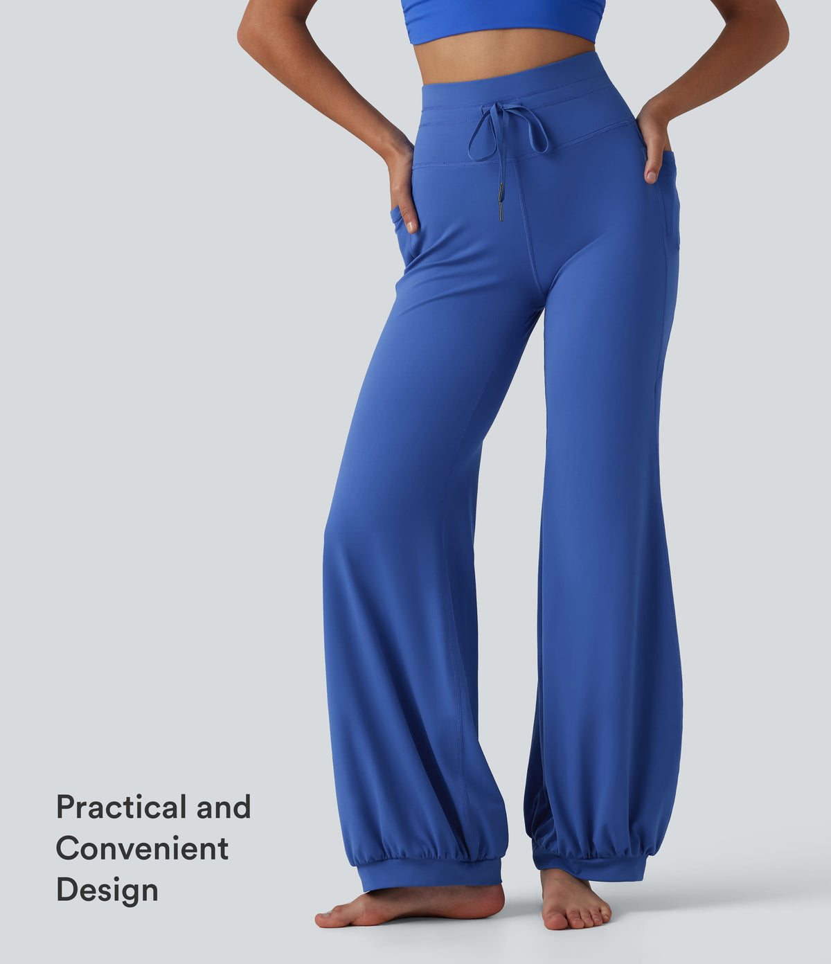 High Waisted Drawstring Dance Balloon Pants with Pockets — Beaucoup Blue — view 5