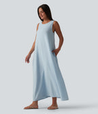 Round Neck Sleeveless Midi Plain Casual Tank Dress with Pockets — Misty Rain Grey — view 1